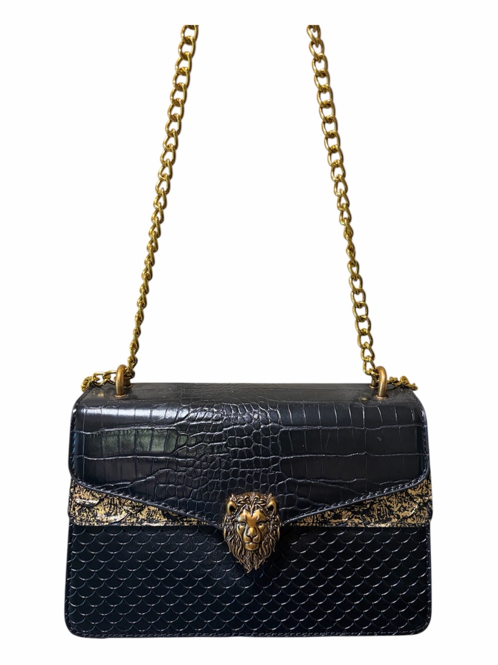 Black Croc-Embossed Crossbody Bag with Gold Lion Accent